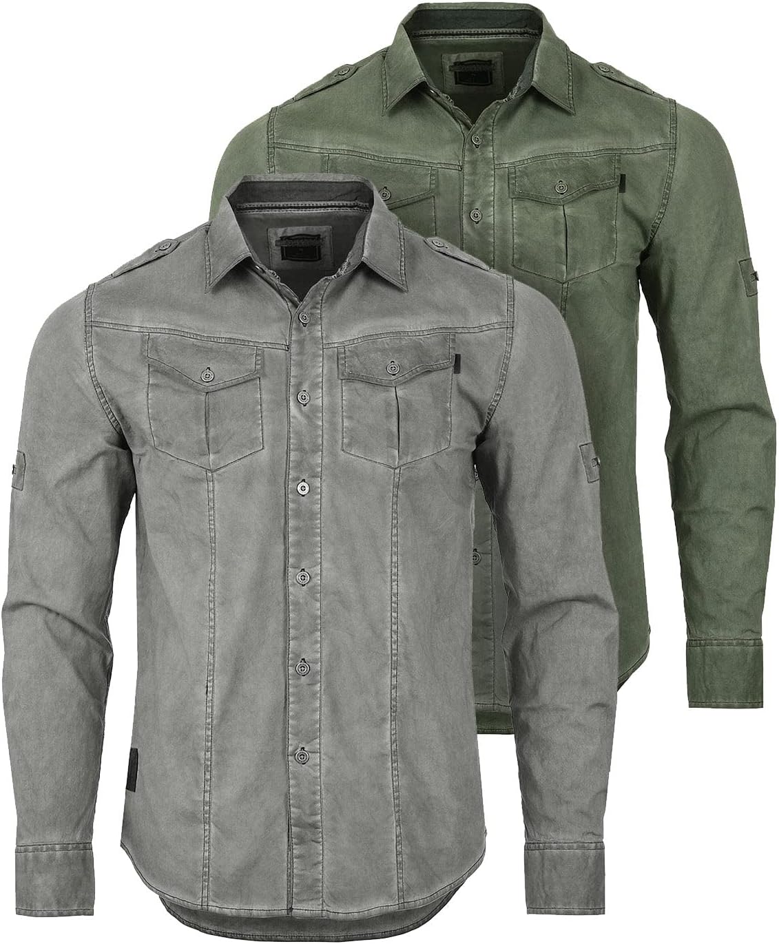ZIMEGO Mens Military Shirt - Long Sleeve Stretch Casual Button Down for Men