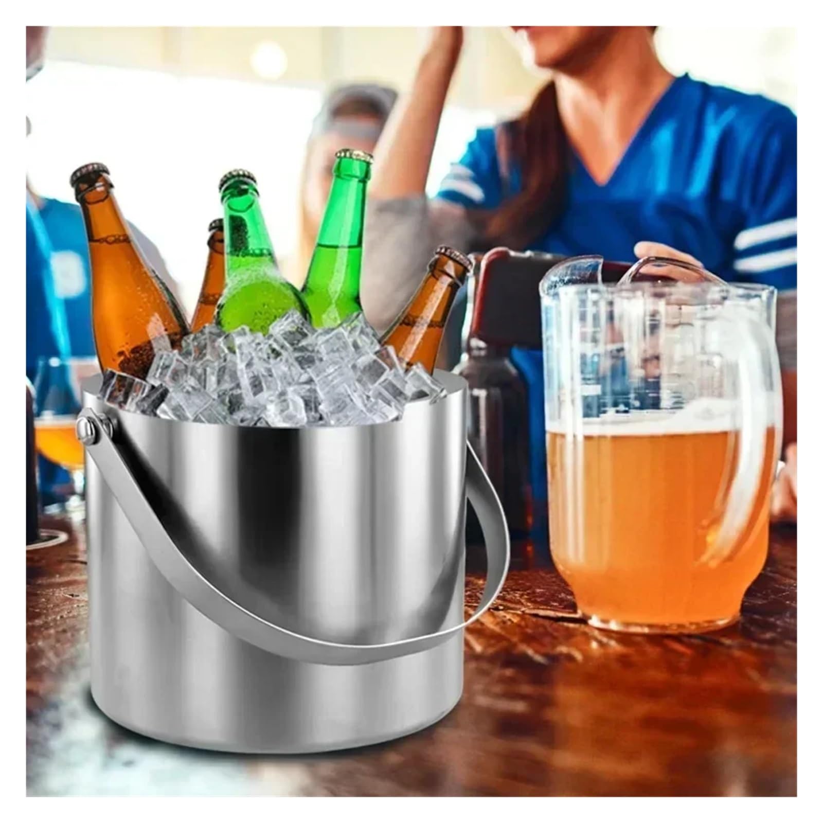 Edelstahl Eiswürfel 2,0 l/3, l Eiskübel aus Edelstahl mit Deckel, Siebzange, doppelwandiger, isolierter, Eisbehälter, Kühler, Gute Abdichtung(1PC 2L)