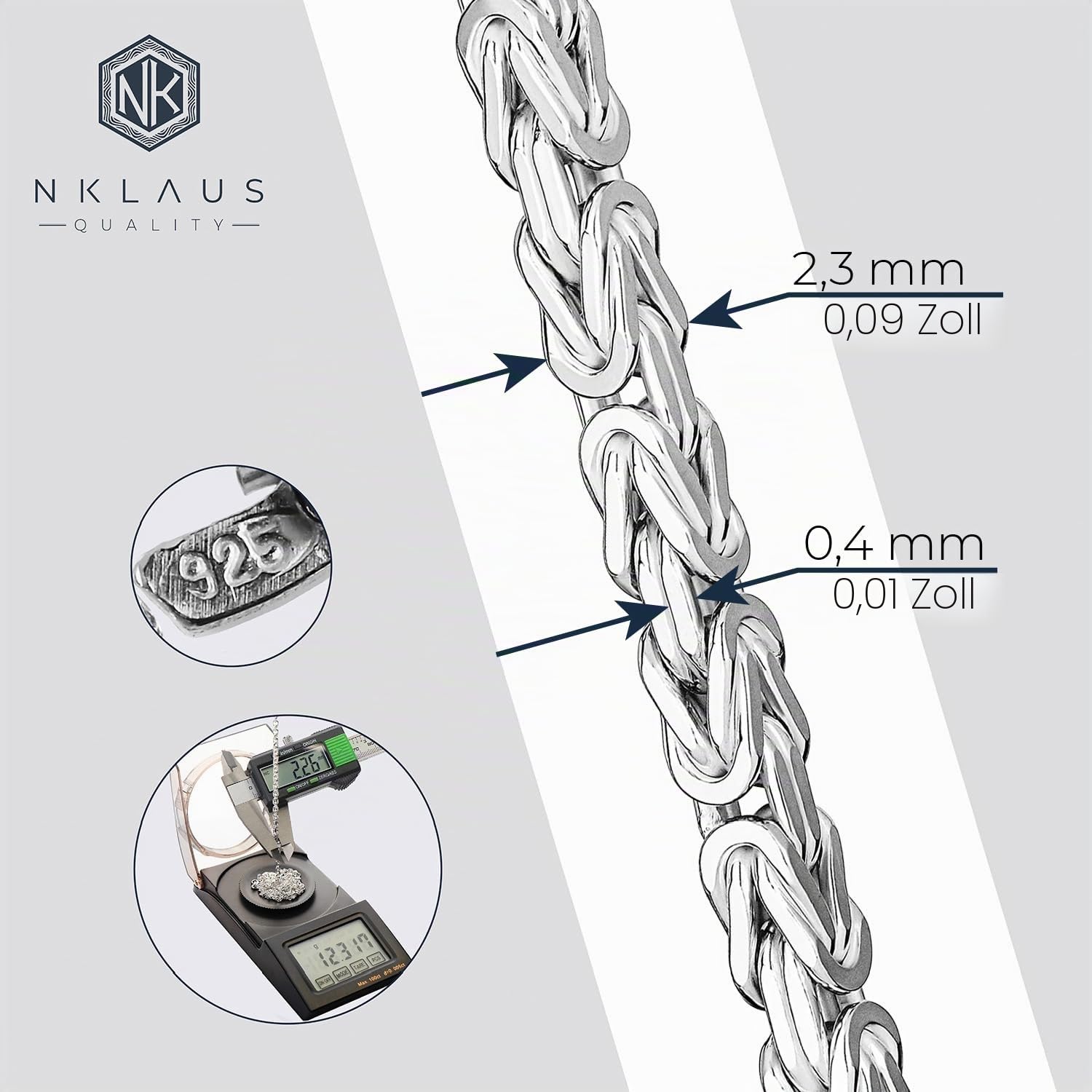 NKlaus Massive Königskette - Kette Echt Silber 925 (Länge r wählbar: 19,5cm - 80cm) - Sterling Silberkette Herren - Sterlingsilber Königs kette vierkant Diamantiert - Herrenkette - Collier 2.3mm breit