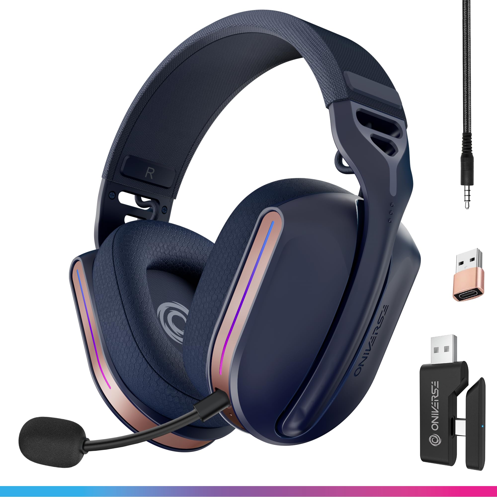 Oniverse Polaris Wireless Gaming Headset Compatible with PS5 PS4 Switch PC Mobile, Lightweight LED Low Latency 2.4GHz or Bluetooth Gaming Headset, 33h Battery, 7.1 Virtual Sound, Dual Mic – Blue