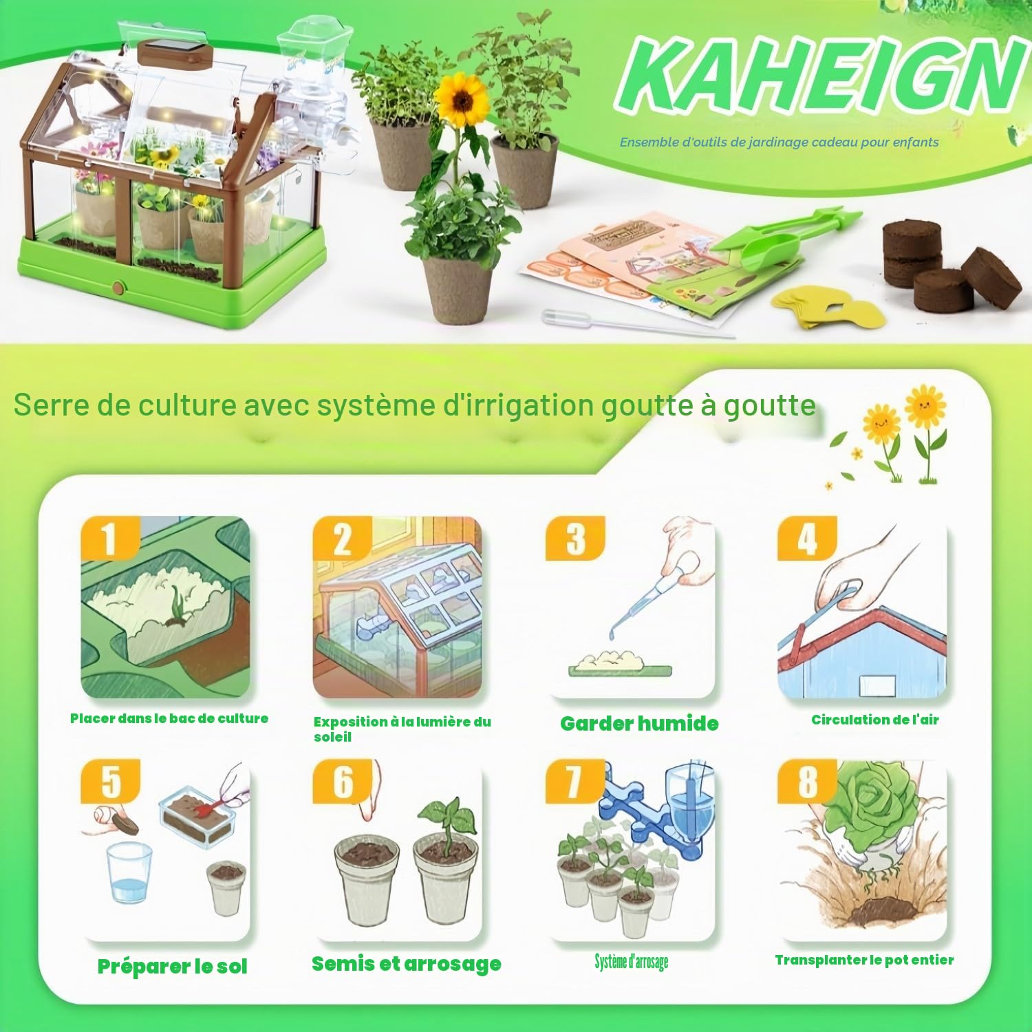 KAHEIGN Kit de Culture de Plantes pour Enfants, Mini-Serre pour Enfants Kit de Culture de Fleurs avec Système D'irrigation Amélioré - Cadeau de Jardinage Éducatif(GRAINES ET LUMIÈRE Non INCLUSES)