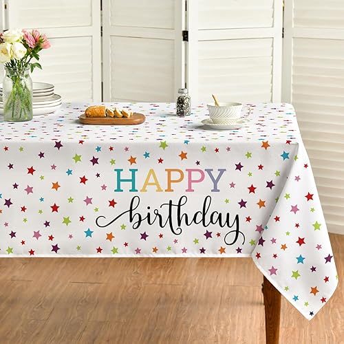 Horaldaily Mantel rectangular de feliz cumpleaños de 60 x 84 pulgadas, color blanco con estampado de estrellas doradas para decoración de
