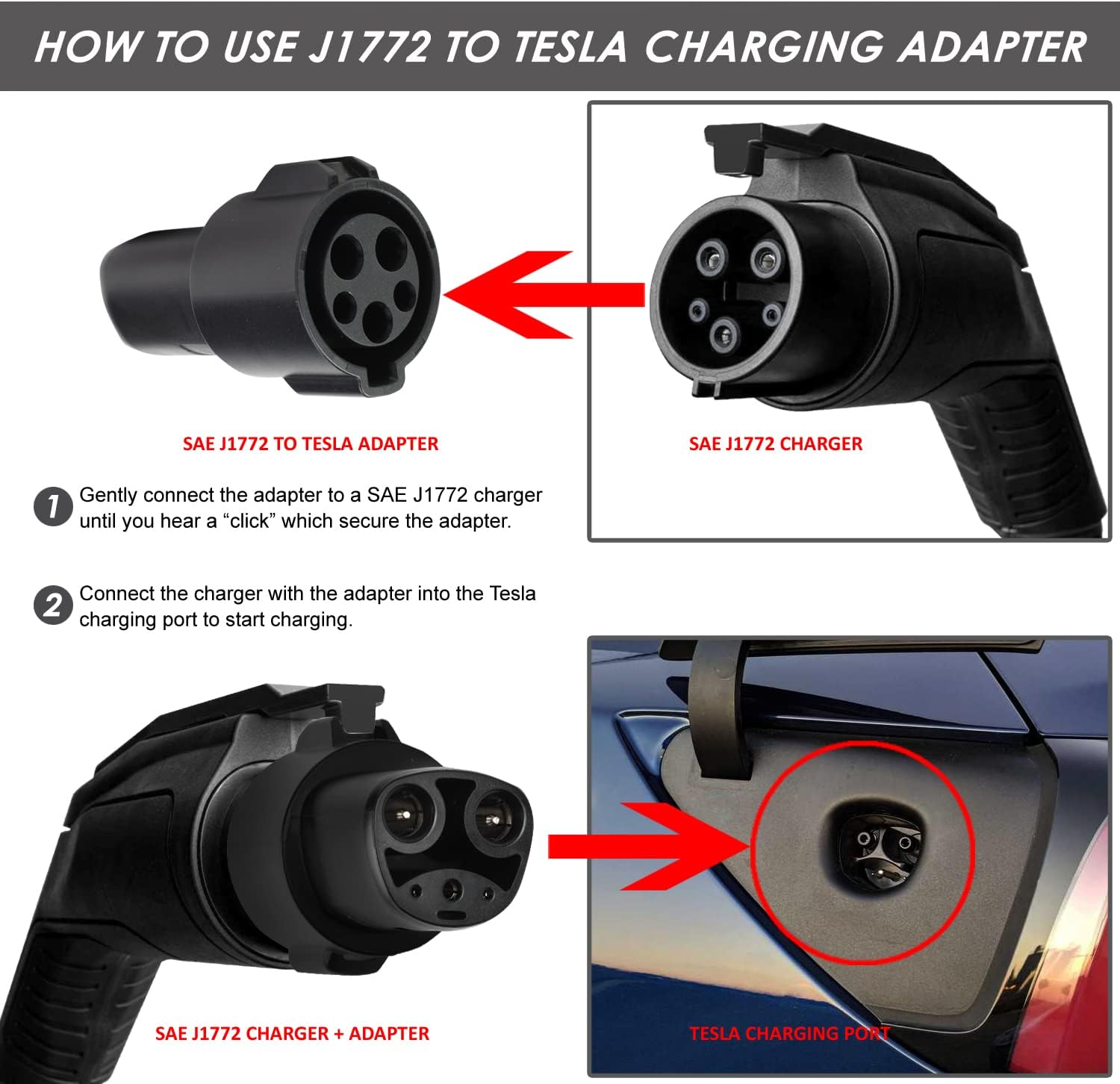 DNA Motoring TCR-001 J1772 to Tesla Charging Adapter Maximize EV Charging Options Compatible with Tesla Model 3, Y, S, X for Level 1 Level 2 Charging Stations SAE J1772 Charger