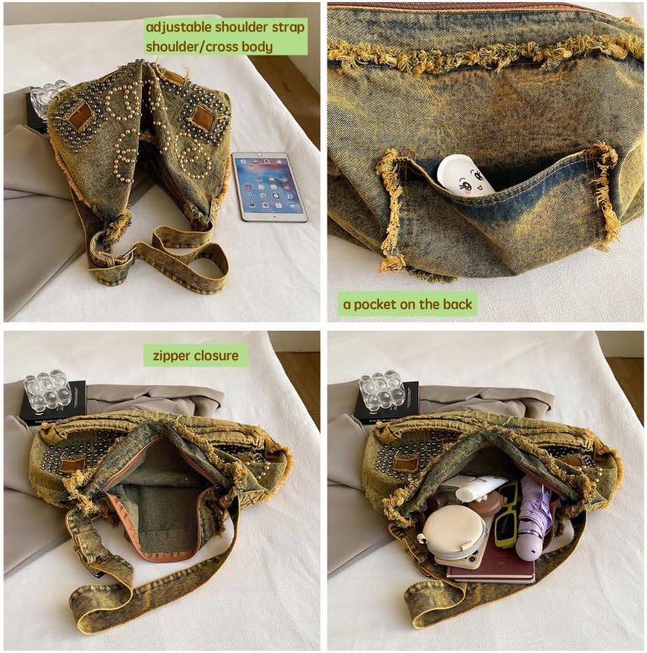 Punk Rock Studded Tote Bag for Women Y2k Grunge Distressed Crossbody Bag Ripped Denim Messenger Bag