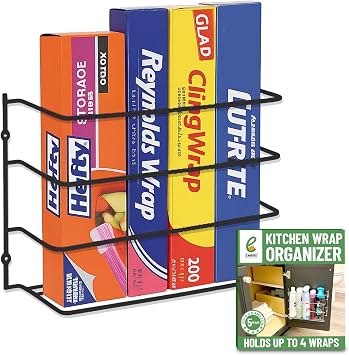 Evelots Kitchen Wrap Organizer - Hold up to 4 Plastic, Foil, Paper, Wax - Cabinet Door, Wall Rack Basket - Sandwich, Freezer, Food Bag Storage - Laundry Supplies - Black
