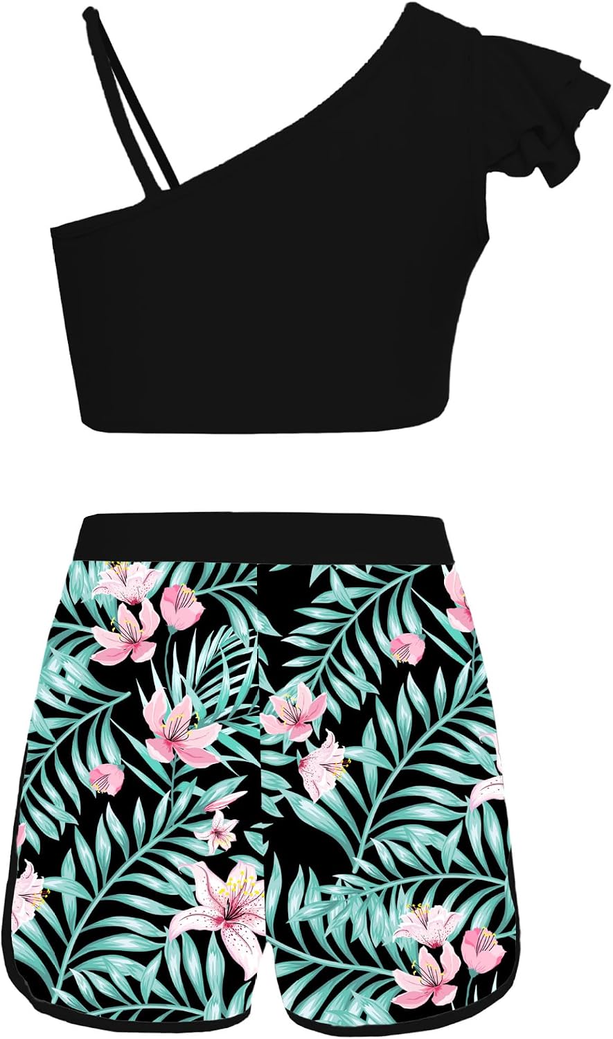 Kids Girls 3Pcs Long Sleeve Swim Coat with Tank Top and Shorts Swimsuit Coconut Trees Print Bathing Suit