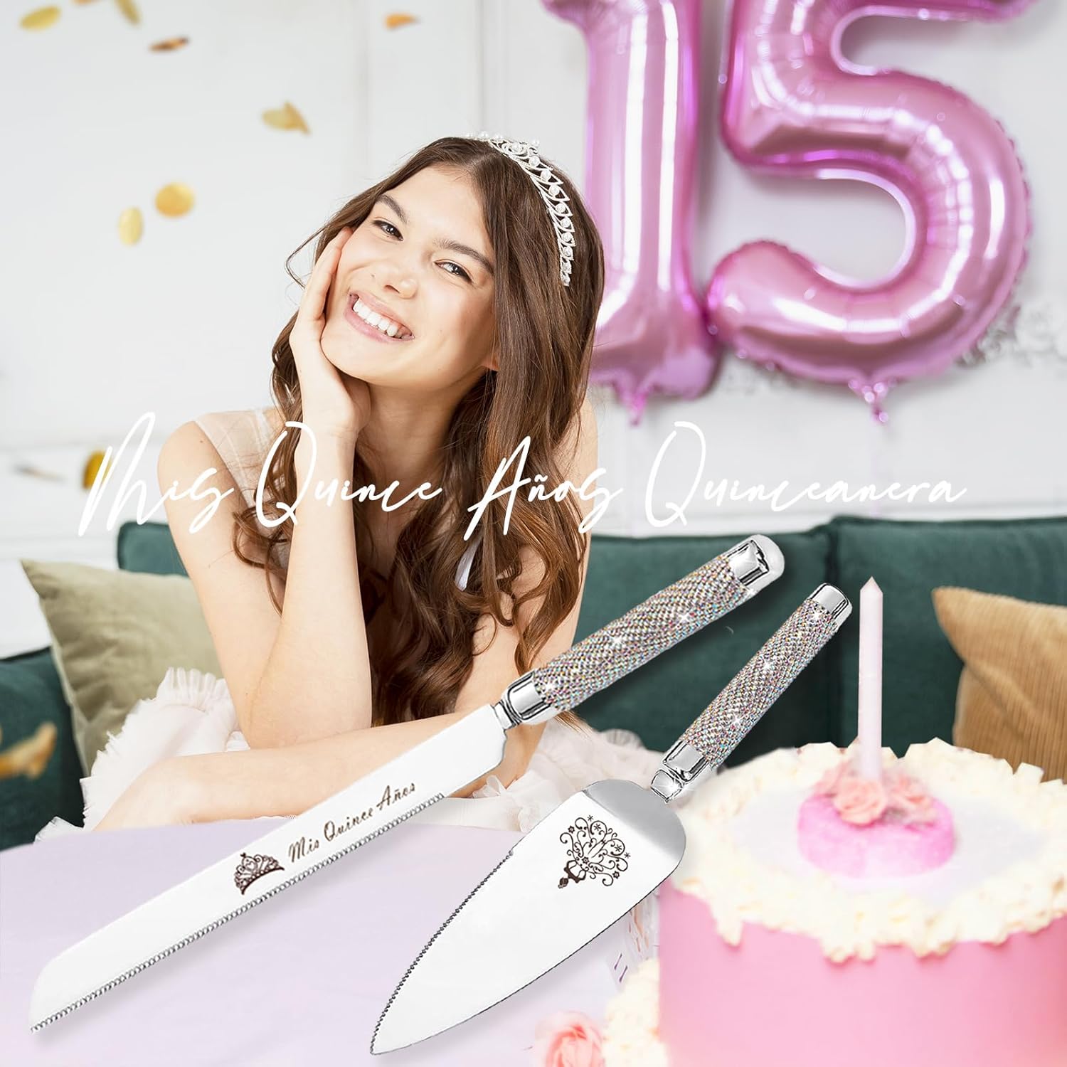 ROXBURGH Mis Quince Años Quinceanera Cake Serving and Knife Set, Feliz 15 Anos Decoration, 420 Stainless Steel Silver Cake Cutter and Pie Server Slicer, Rhinestones Studded Handle