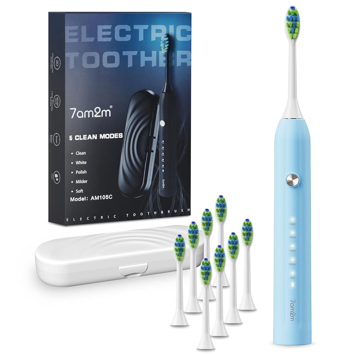 7AM2M Sonic Electric Toothbrush for Adults and Kids with 8 Brush Heads and Travel Case 5 Modes with