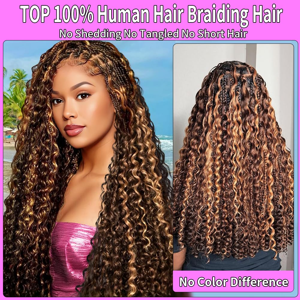 Human Braiding Hair for Boho Braids 120g Highlight Boho Bulk Human Hair for Braiding Curly Deep Wave Bundles Ombre Human Hair Bundles Wet and Wavy Bohemian Braids No Weft 3 Bundles 4/27 Color 14 Inch