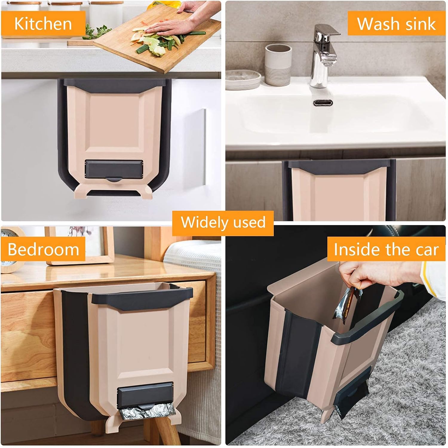 HUAPPNIO Kitchen Trash Can Plastic Collapsible Wall Mounted for Cabinet Door Hanging Garbage Bin 2 Gallon (Beige)