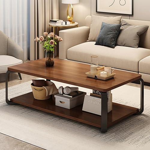 YVYKFZD Mesa auxiliar de madera, mesa central de 2 niveles con patas de metal, mesa de té rectangular para sala de estar, mesa auxiliar de cóctel