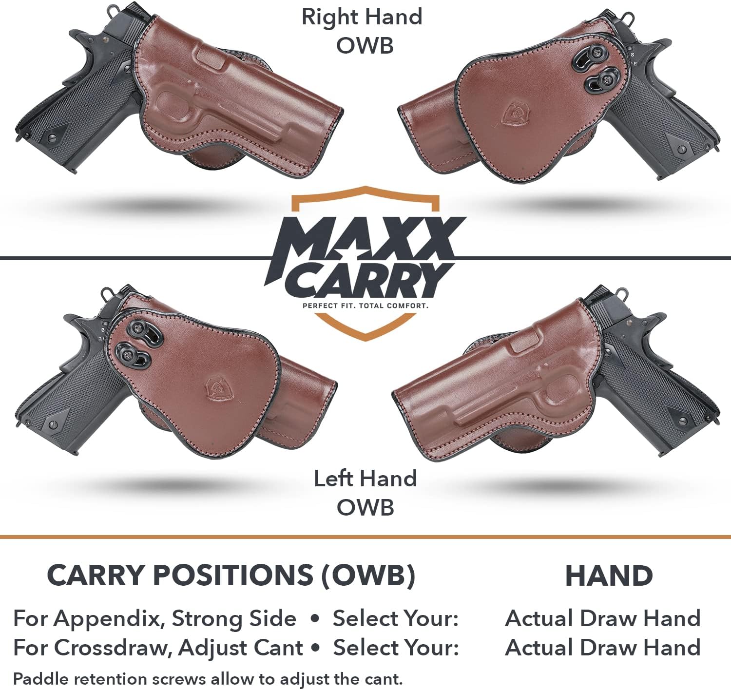 Maxx Carry for Leather Paddle OWB Gun Holster Fits Colt 1911 4 inch, Combat Commander Concealed Carry | Kimber 1911 | Ruger SR1911 Commander or Officer | Taurus 1911 Officer