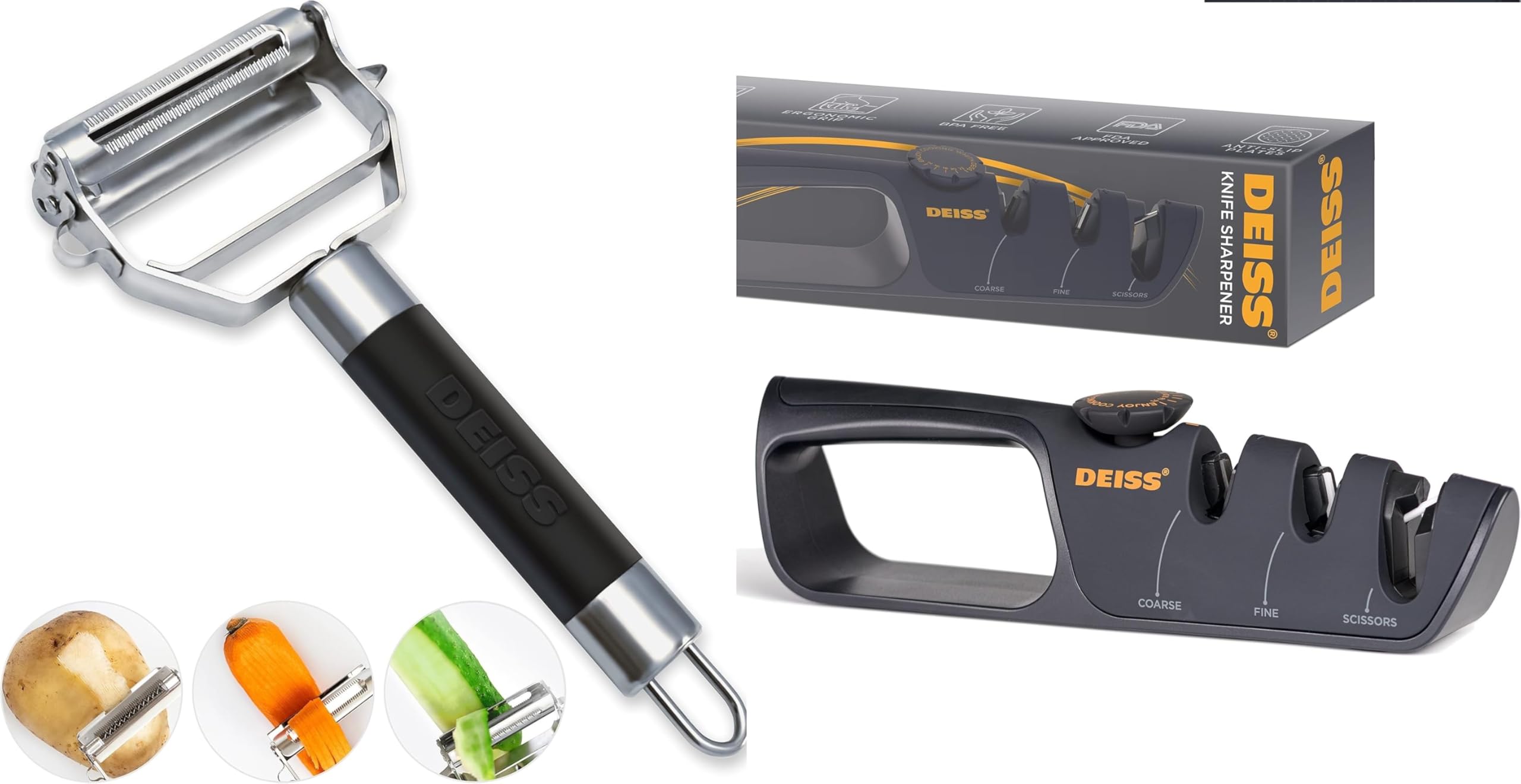 Deiss PRO Dual Julienne Peeler & Vegetable Peeler and Deiss PRO Knife Sharpener With Adjustable Angle Knob