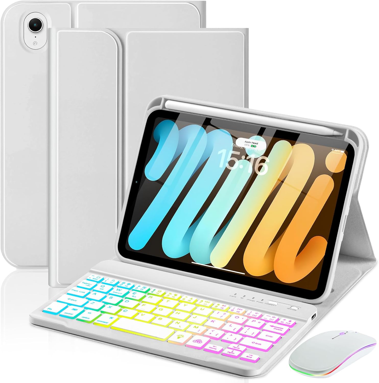 Case with Keyboard Mouse for iPad mini 7th(A17 Pro,2024)/6th Generation 8.3 inch,7 Color Rainbow Backlight Detachable USB-C Keyboard Magnetic Case with Pen Slot for iPad mini 6 7 Grey