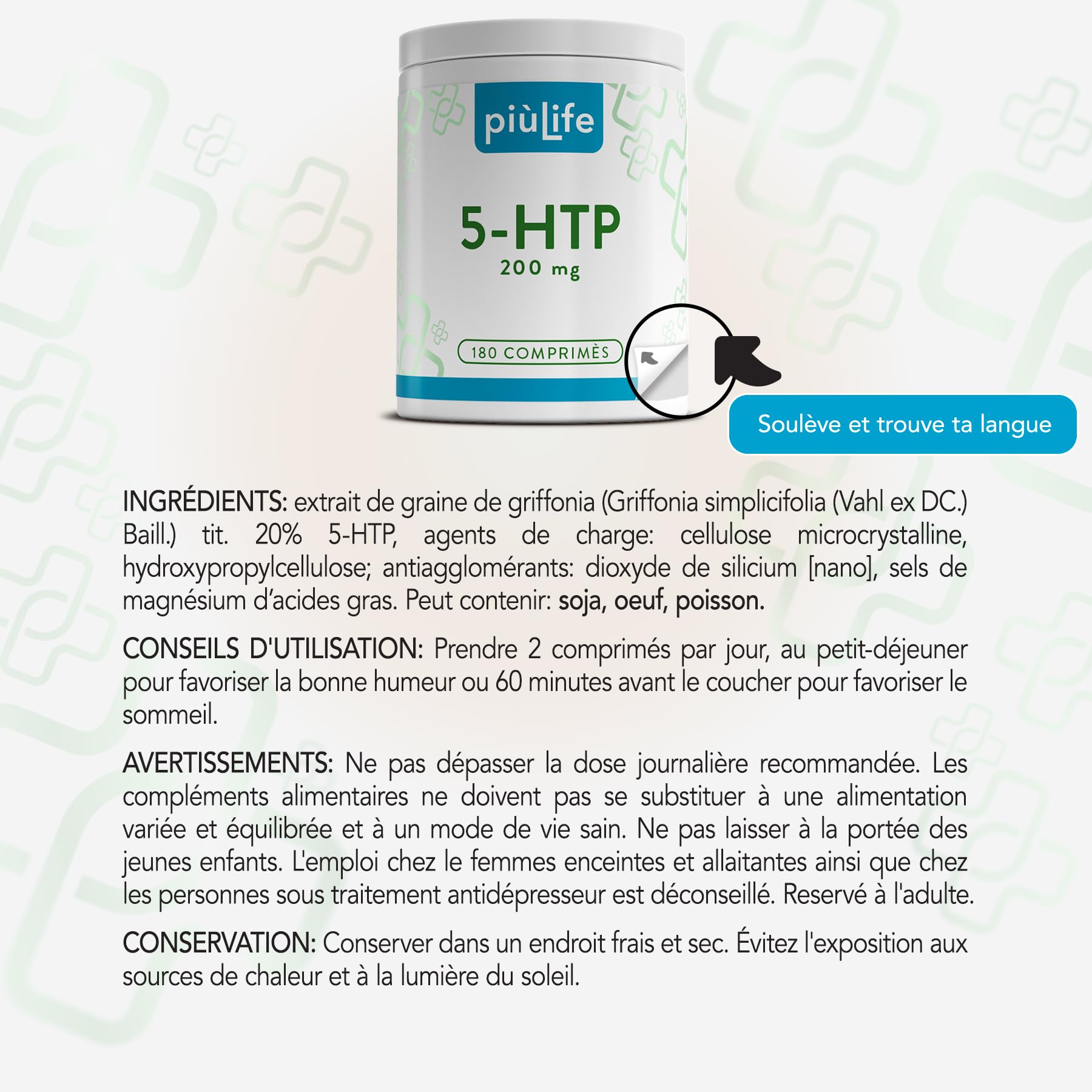 5-HTP 200 mg Extrait de Griffonia Titrée 20% PiùLife 360 Comprimés | 1000 mg issus de Griffonia simplicifolia, 2 par jour, Précurseurs de la serotonine et melatonine, Sans Gluten, Sans Lactose