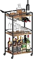LOTEYIKE 3-Tier Rolling Bar Cart with Wine Rack & Glass Holders - Rustic Brown Mini Serving Cart for Home Bar, Kitchen, Parties (11.8"D x 20.8"W x 35.4"H)