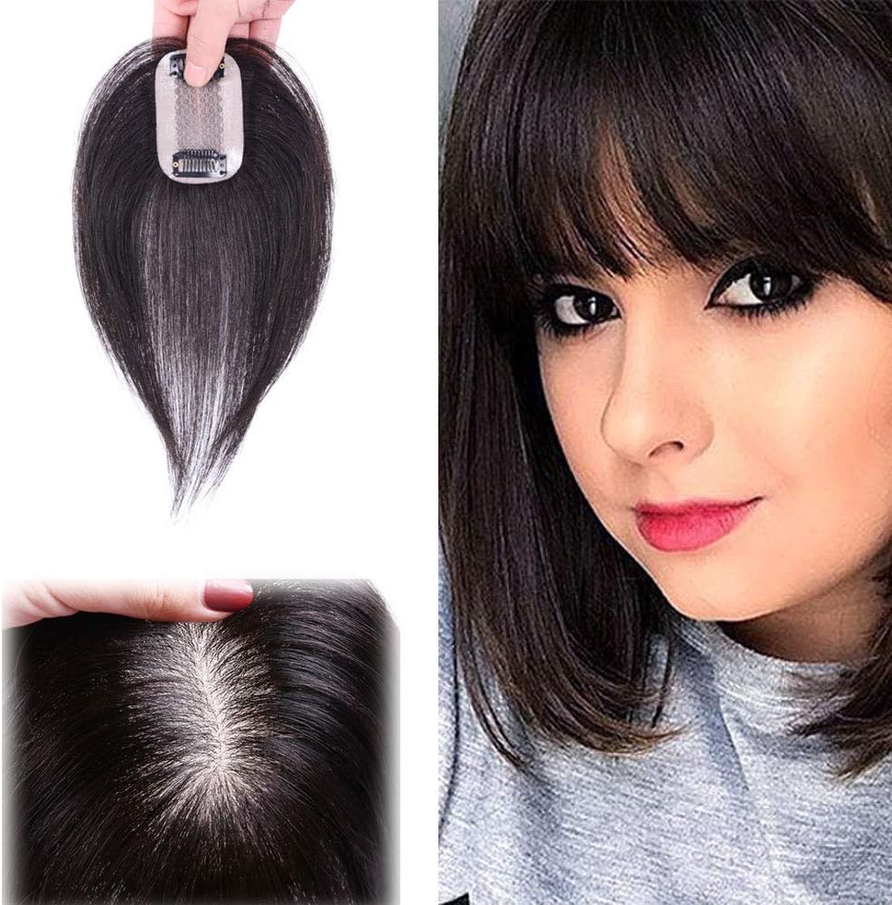 Hair Toppers Human Hair for Women Clip in for Hair Loss Thinning Hair Grey Hair Silk Top Base 5 x 8 cm Crown Top Hairpieces Replacement Natural Black 25 cm / 10 inch