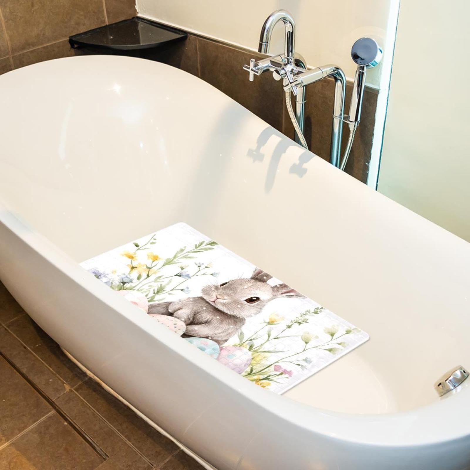 Badematte für Badewanne, Motiv: niedliche Osterhaseneier und Frühlingsblumen, rutschfest, rechteckig, Badematte mit Saugnäpfen, maschinenwaschbar, Badezimmermatte, 39,9 x 70,9 cm