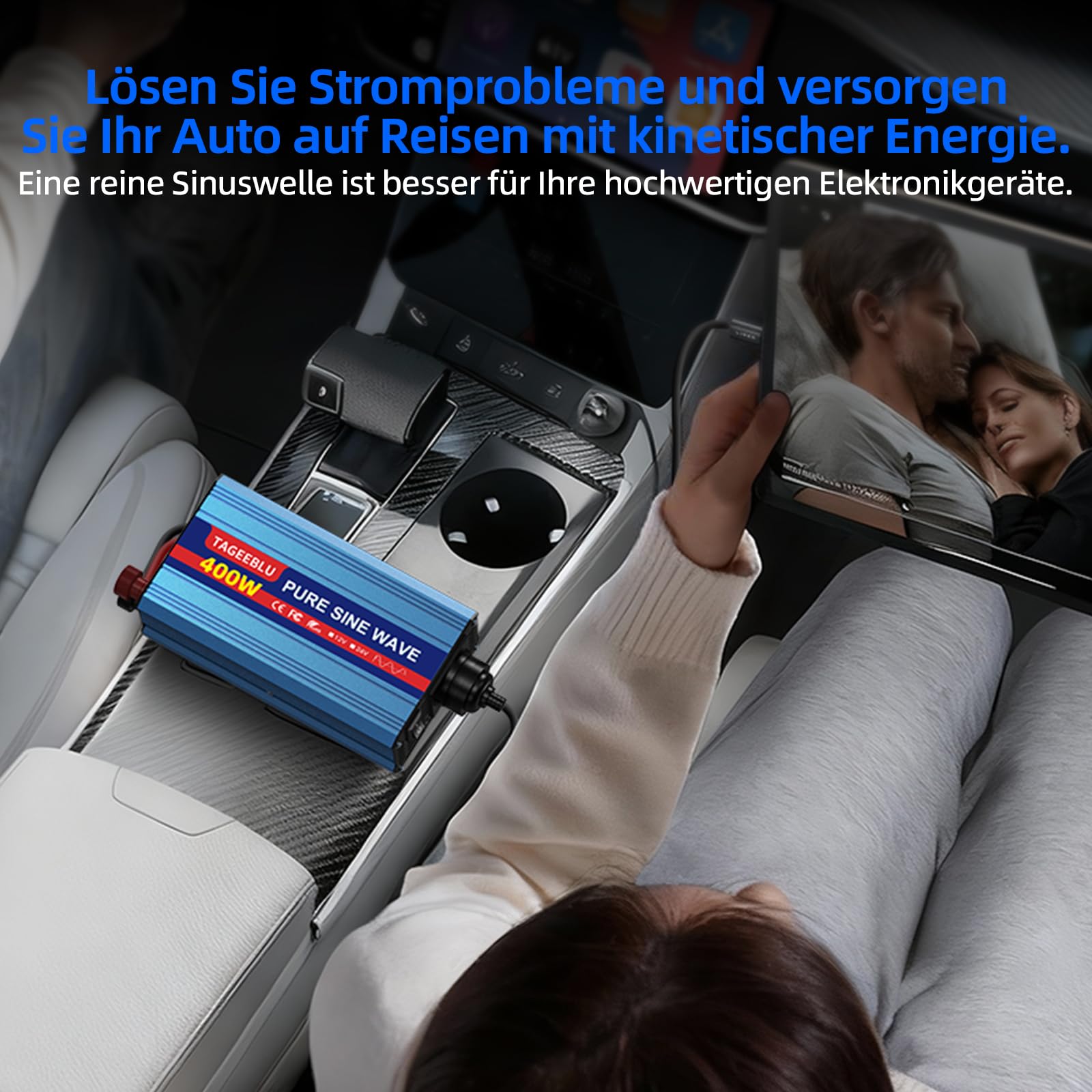 400W wechselrichter 12v auf 230v Reiner Sinus, spannungswandler 12v 230v, Wechselrichter für Fahrzeuge mit Alligatorclip, AC Steckdose und LCD Bildschirm