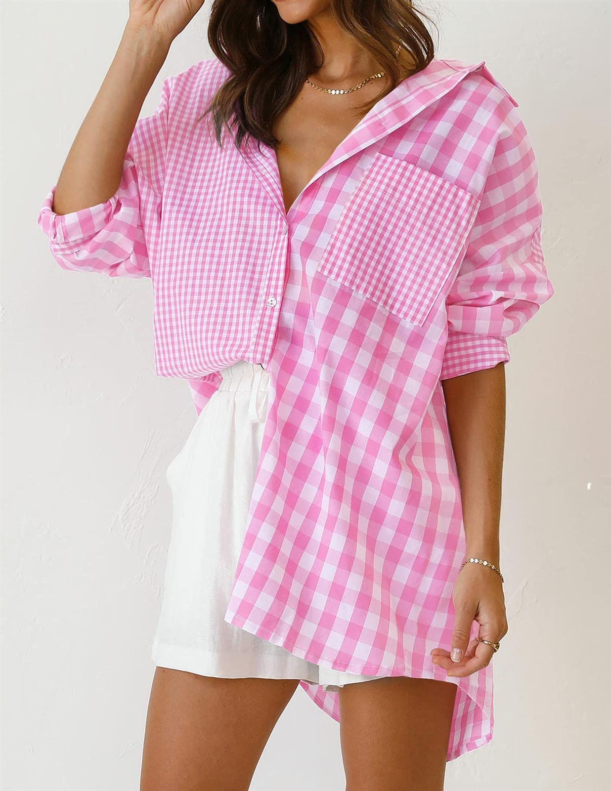 Camisas Mujer Otoño/Invierno Loose Fit Casual Plaid Shacket con Bolsillos Blusas de Solapa de Manga Larga Outwear (Pink L)
