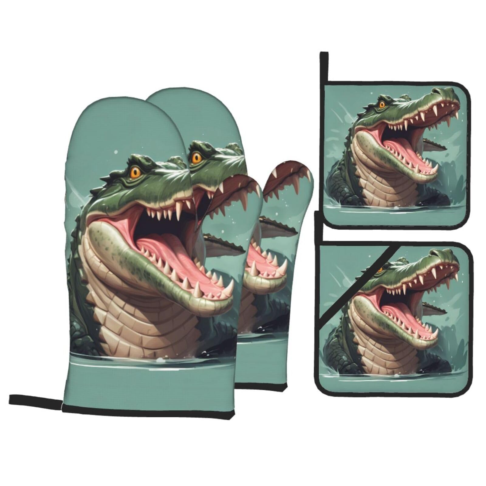 HJFCZH Ferocious Crocodile Picture Kitchen Baking Set of 4 Thick Insulated Oven Mitt & Pot Holders, Anti-Scalding for Microwave, Oven, Outdoor BBQ