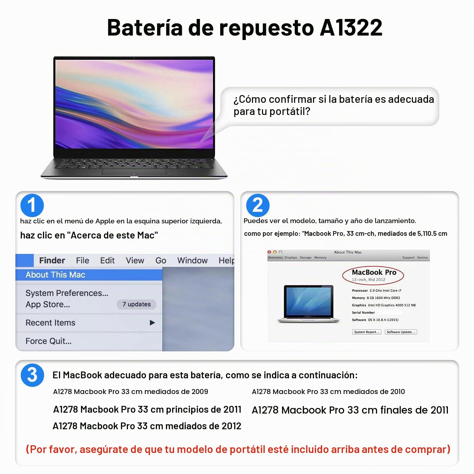 A1278 A1322 Baterías para portátiles y netbooks para MacBook Pro 13 Inch [2009 2010 2011 2012 Version] con Gran Capacidad & Alto Rendimiento & Larga Vida [10.95V 65.7Wh]