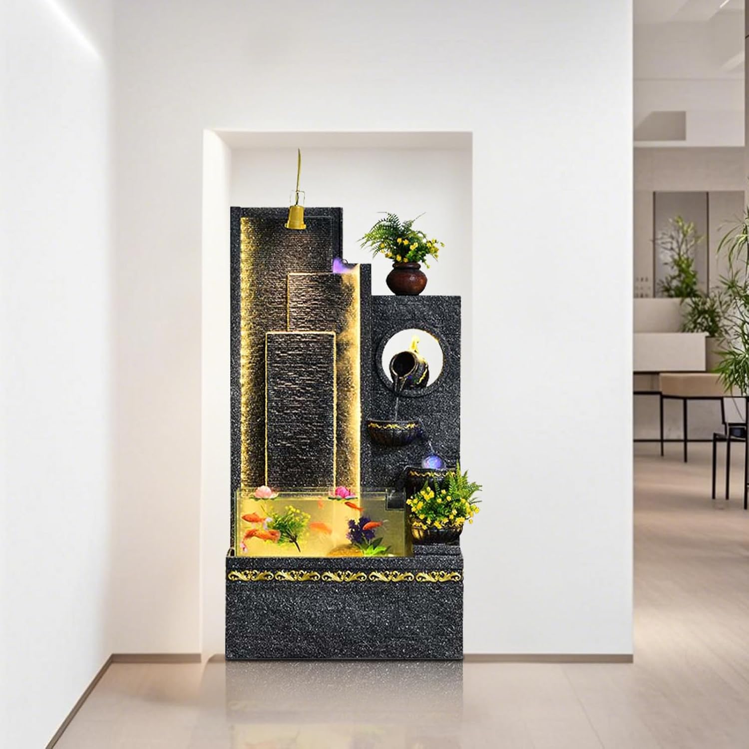 5.9 ft Luxury Europe Style Black Resin Fish Tank Fountain – Indoor Decor with Lighting, Mist, Waterwheel & Planter Features (Large with Fish Tank)