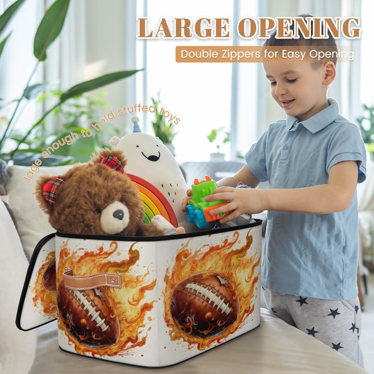 Storage Bin Set of 2 Fire American Football Storage Basket with Zipper Lid & Handle Foldable Closet Shelf 2 Pack Cloth Organizer Basket Cube Bins Clothes Organizer for Bedroom, Nursery