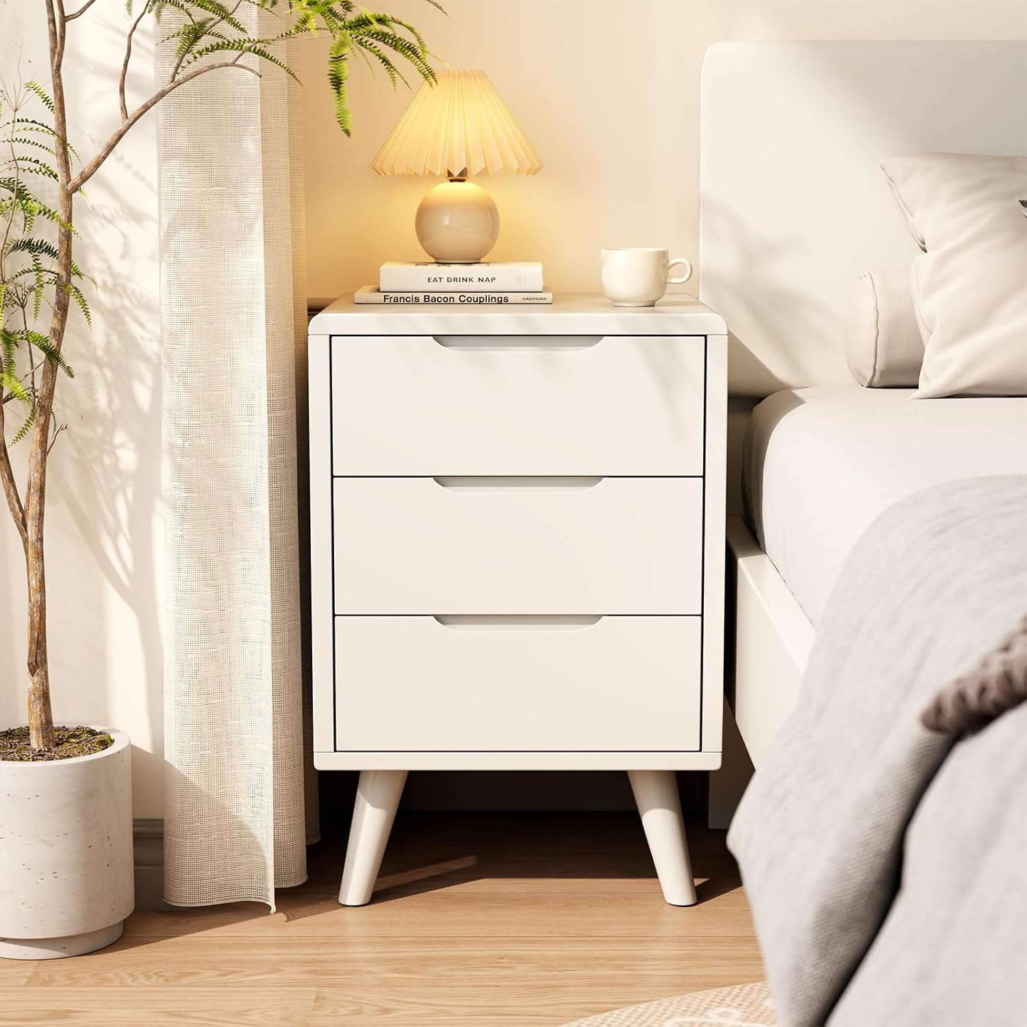 Tall Nightstand White Night Stand with 3 Drawers Mid Century Modern Nightstand with Storage,Solid Wood Night Stand,Small Bedside Table for Bedroom,Living Room,Office,White Bedside Table
