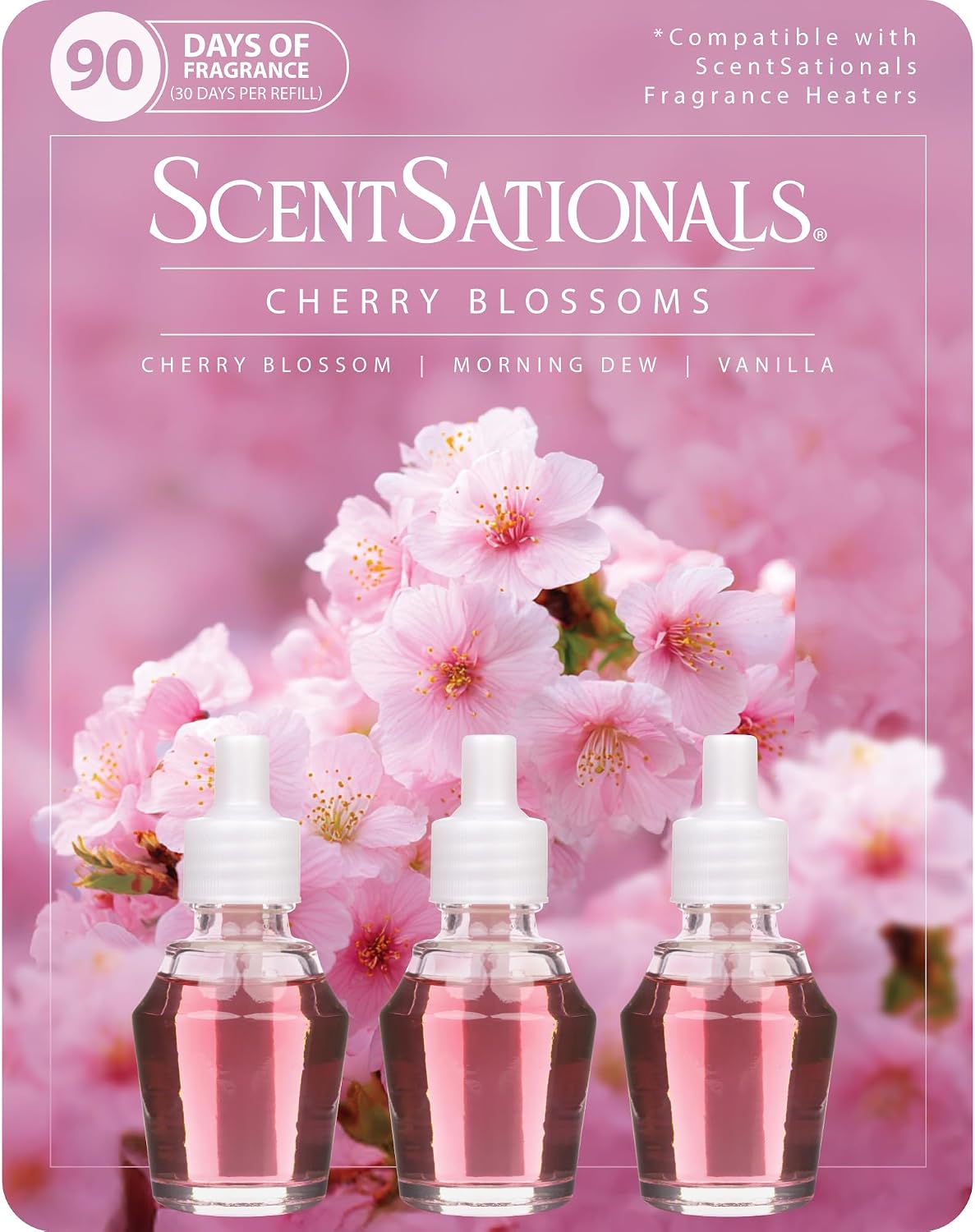 ScentSationals Cherry Blossoms Fragrance Oil Plug In Air Freshener Refills 3-Pack - Works with Scentsationals Wall Plugs, Long-Lasting Home Fragrance, 0.8 fl oz Each, Packaging May Vary