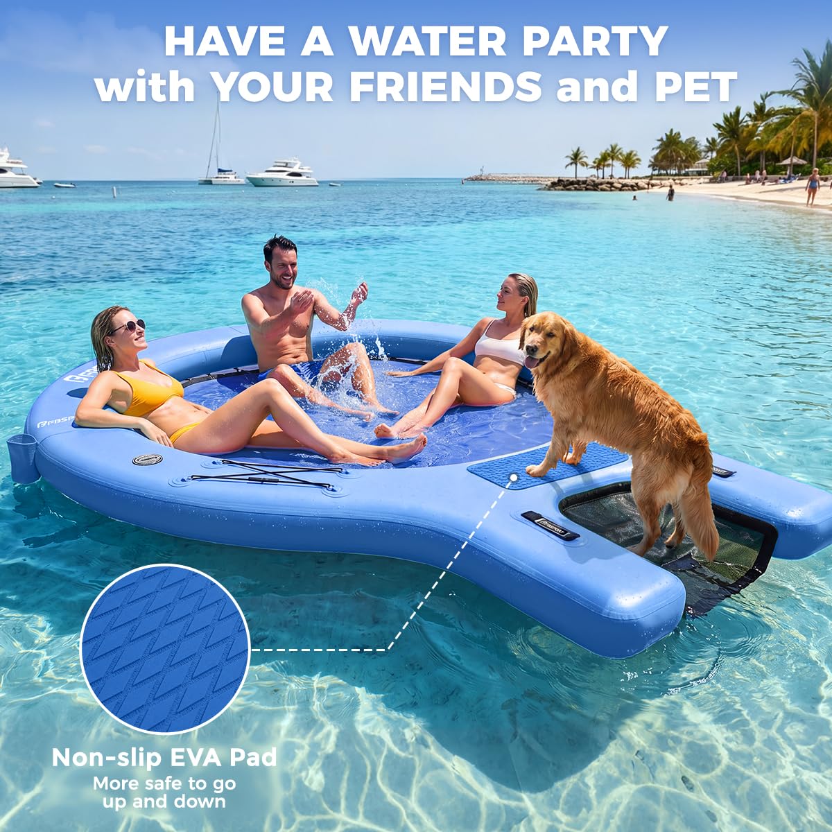 Plateforme Gonflable Flottante Sunchill Rond 240 cm avec Rampe pour Chiens, Hamac Flottant Piscine pour 3 à 5 Personnes, Îlot Flottant Antidérapant avec Échelle, pour Piscine, Plage et Mer