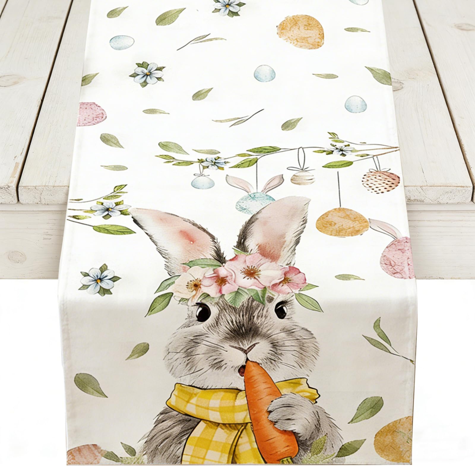 Easter Table Decorations, Easter Spring Table Runner Bunny Egg Flower, Hessian Print Decorative Cover Birthday Party Home Dining Decoration Holiday Party Supplies (183x33cm)