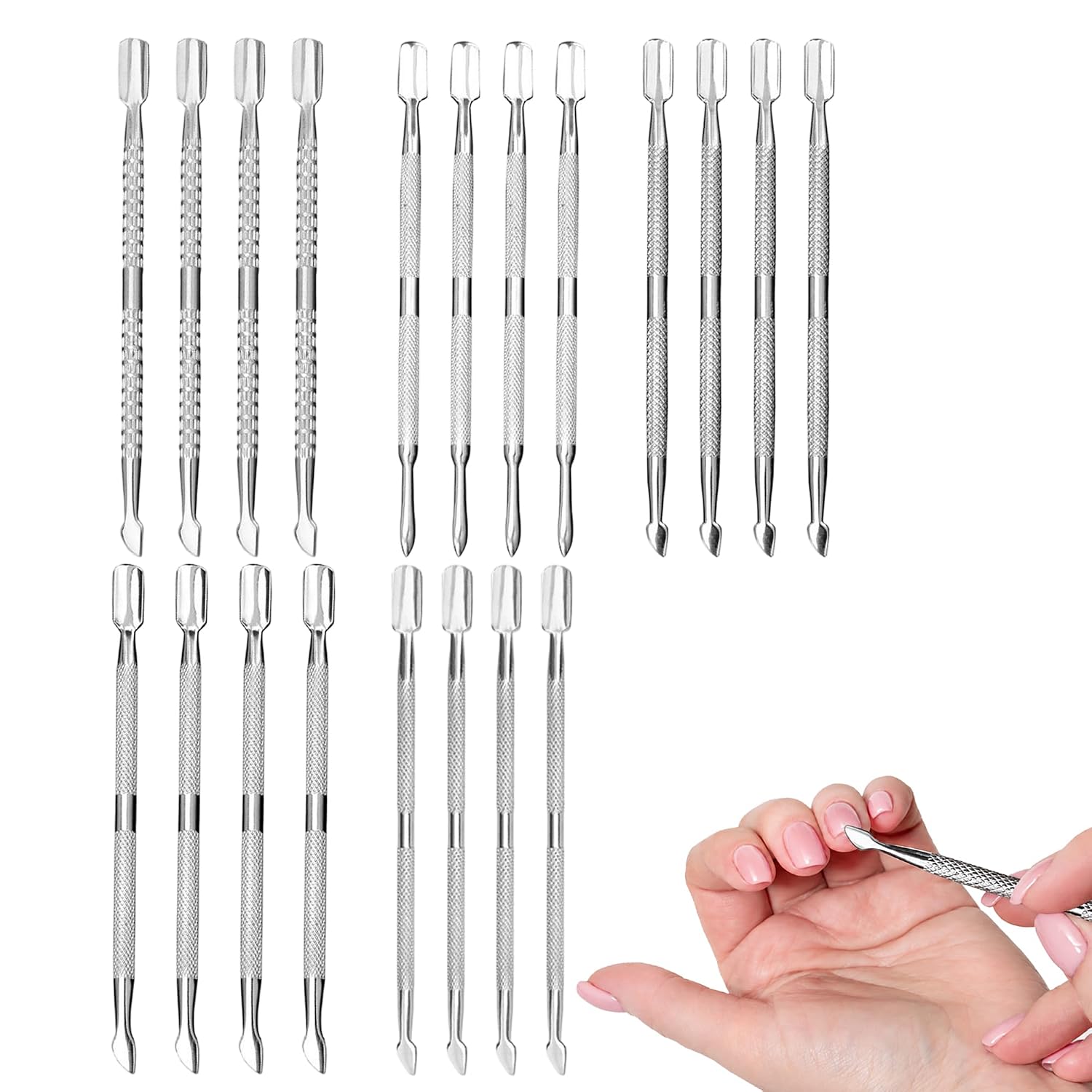 20 Pcs Stainless Steel Cuticle Pusher Bulk Remover and Cutter, 5 Styles