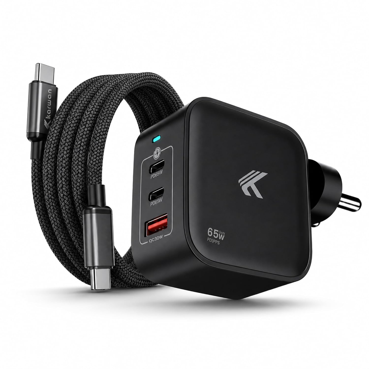 KARWAN Original 65W GaN Charger with Cable Multi Port Adapter for Laptops (Dell,HP,ASUS,Samsung) MacBook,iPhone, Android Smartphones & More, Compact Fast Charger with Gan,QC 3.0,PD-3.1,PPS Technology