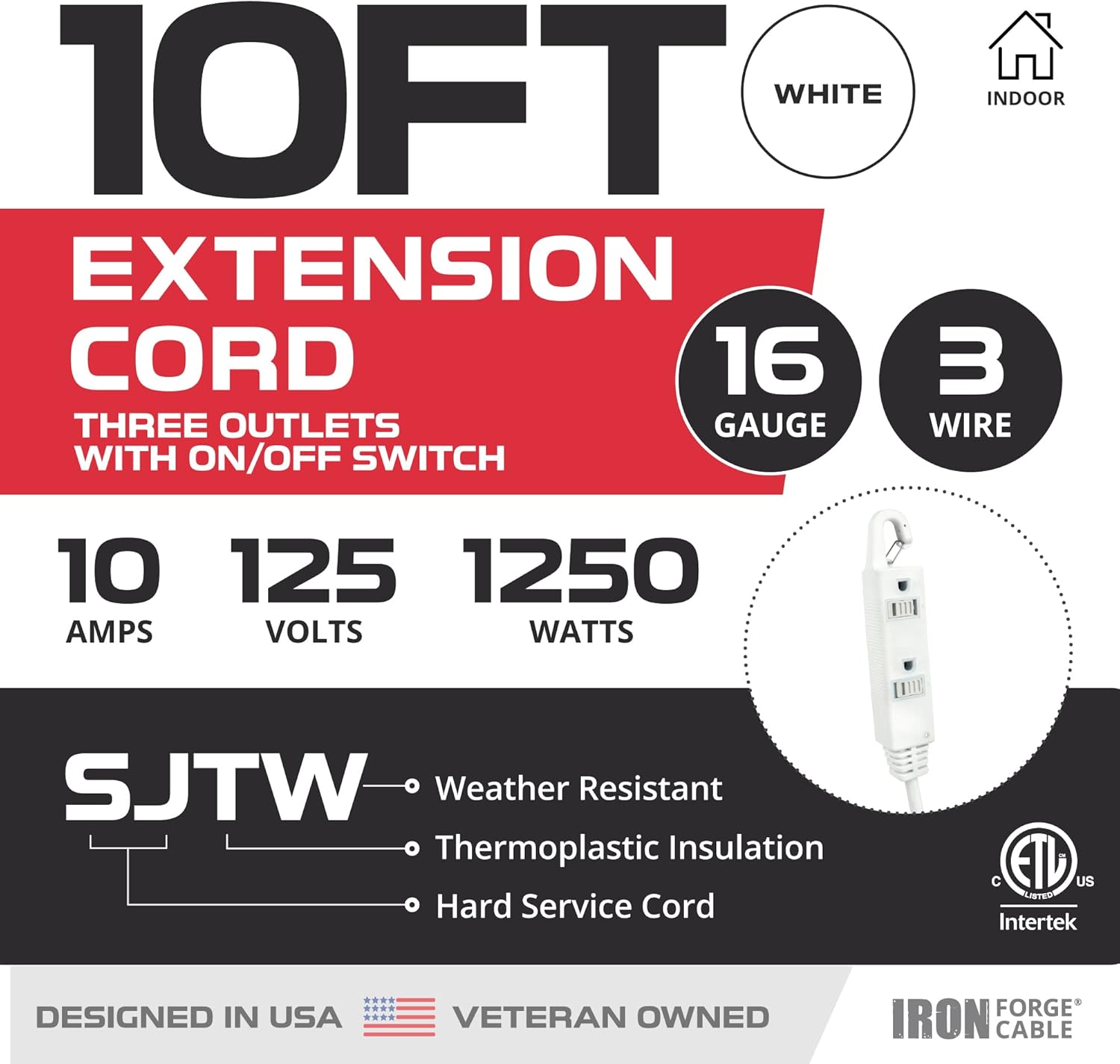 Iron Forge Cable 10 Ft 3 Outlets White Extension Cord with Inline Switch On/Off, 16/3 SJTW 3 Prong with Hook for Hanging -10 AMP Cord - ETL Listed