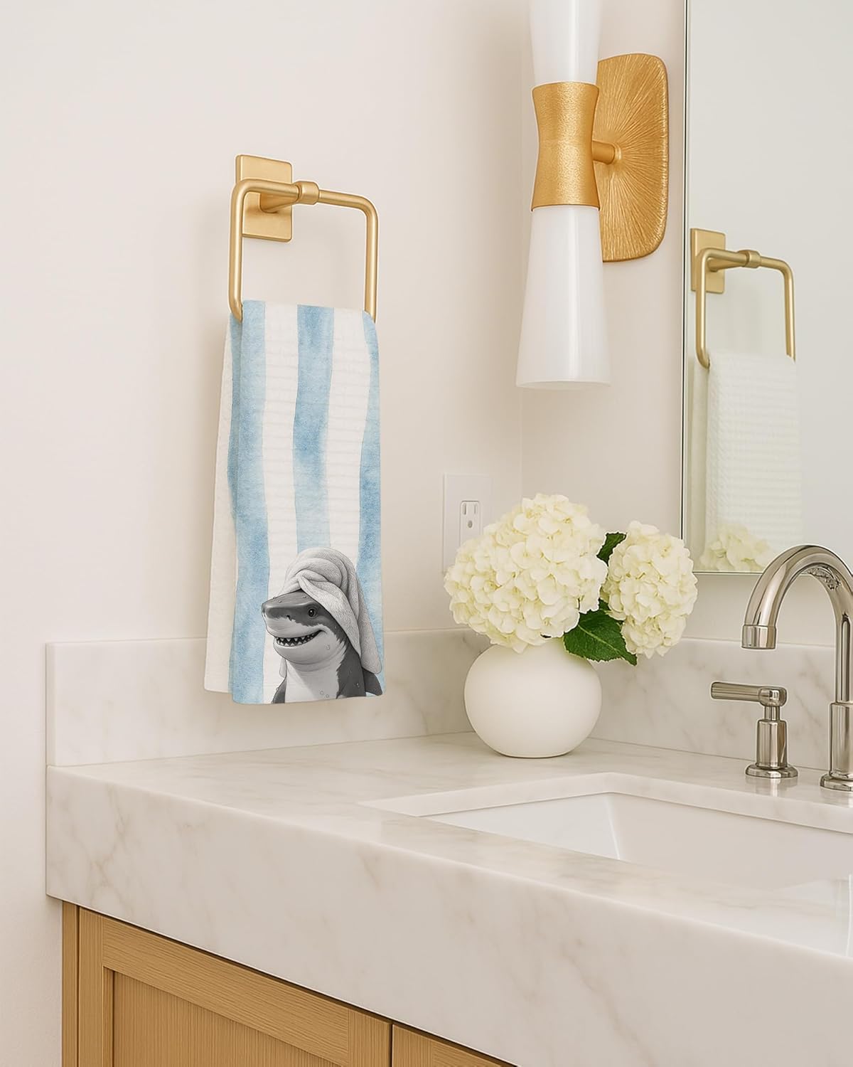 Funny Shark Bathroom Decor Hand Towels, Kids Bathroom Decor, Ocean Animal Coastal Beach Blue Striped Hand Towels for Washroom Restroom Spa Gym, 16x24 Inch Set of 4