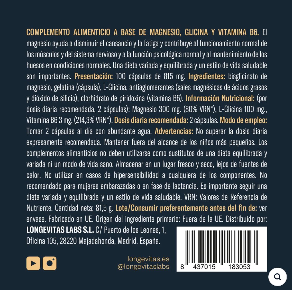 Magnesio Bisglicinato - Alta Absorción con Vitamina B6 y Glicina - Magnesio Cápsulas para Sistema Nervioso, Músculos y Energía - Reduce Cansancio y Fatiga - 100 Cápsulas (Paquete de 2)