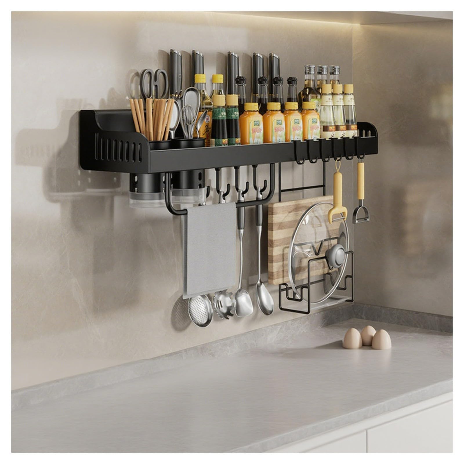 HADECOLL Kitchen Spice Rack Organizer With Hooks, Knife Holder, Carbon Steel Shelf For Spatulas, Towels, Spice Jars, Black,Black-50cm-b