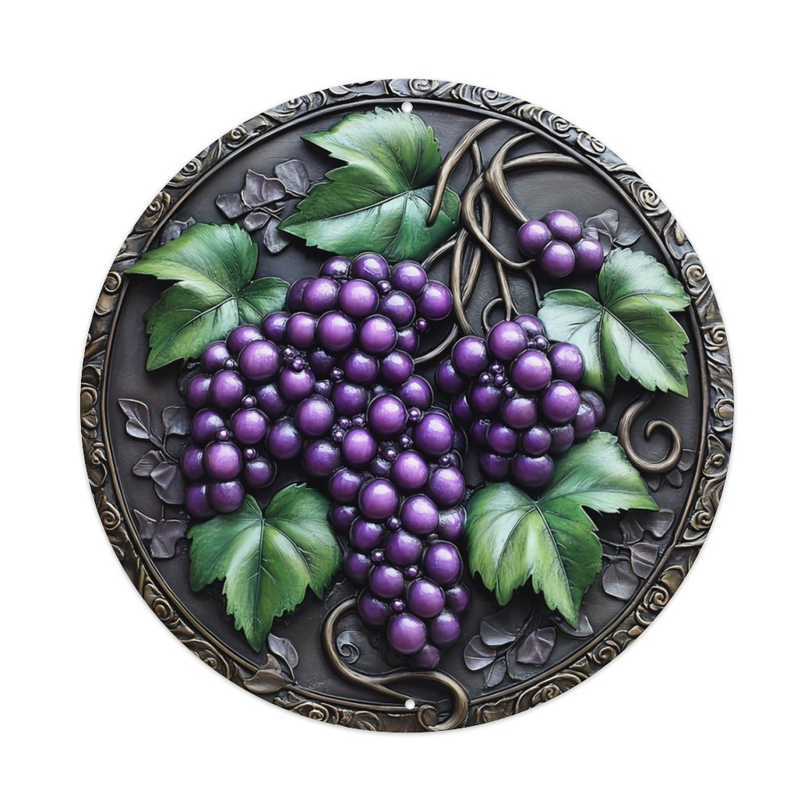 Grape Vine Leaves Metal Round Tin Sign Vintage Metal Sign Home Bar Garden Indoor & Outdoor Wall Decor Retro Metal Poster 8x8 Inch