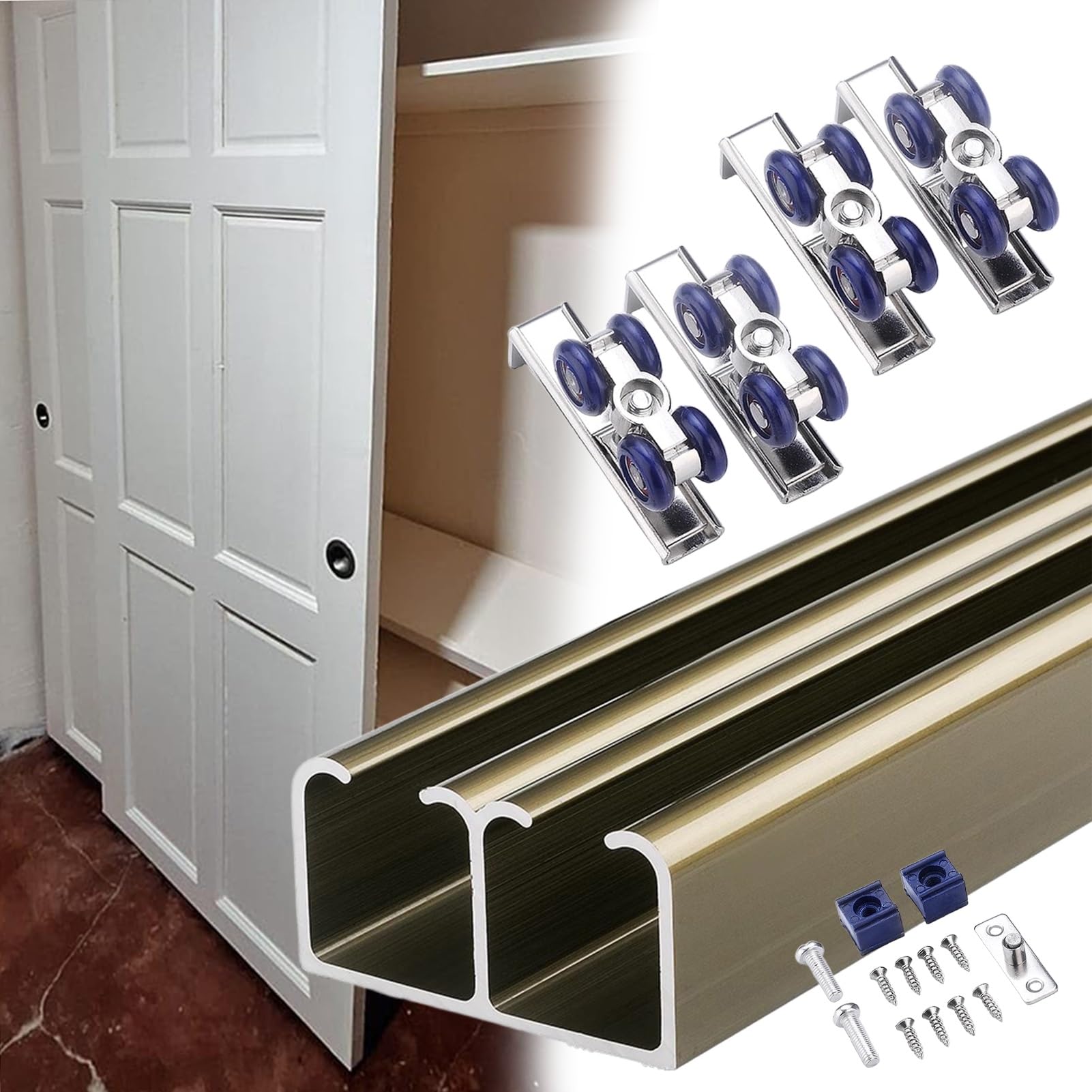 Blazea Cabinet Bypass Double Sliding Barn Door Hardware Track Kit, Heavy Duty Closet Door Rail Kit 48 60 72 96 inch, Aluminum Quiet Glide Barn Doors Track System(Champagne,200cm(78.7in))