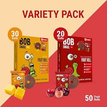 Bob Snail Fruit Rolls - Mango & Sour Cherry - 50 Count - Natural Fruit Snacks, Vegan, No Added Sugar, Kids Lunchbox Snack - 17.5 oz (500g)