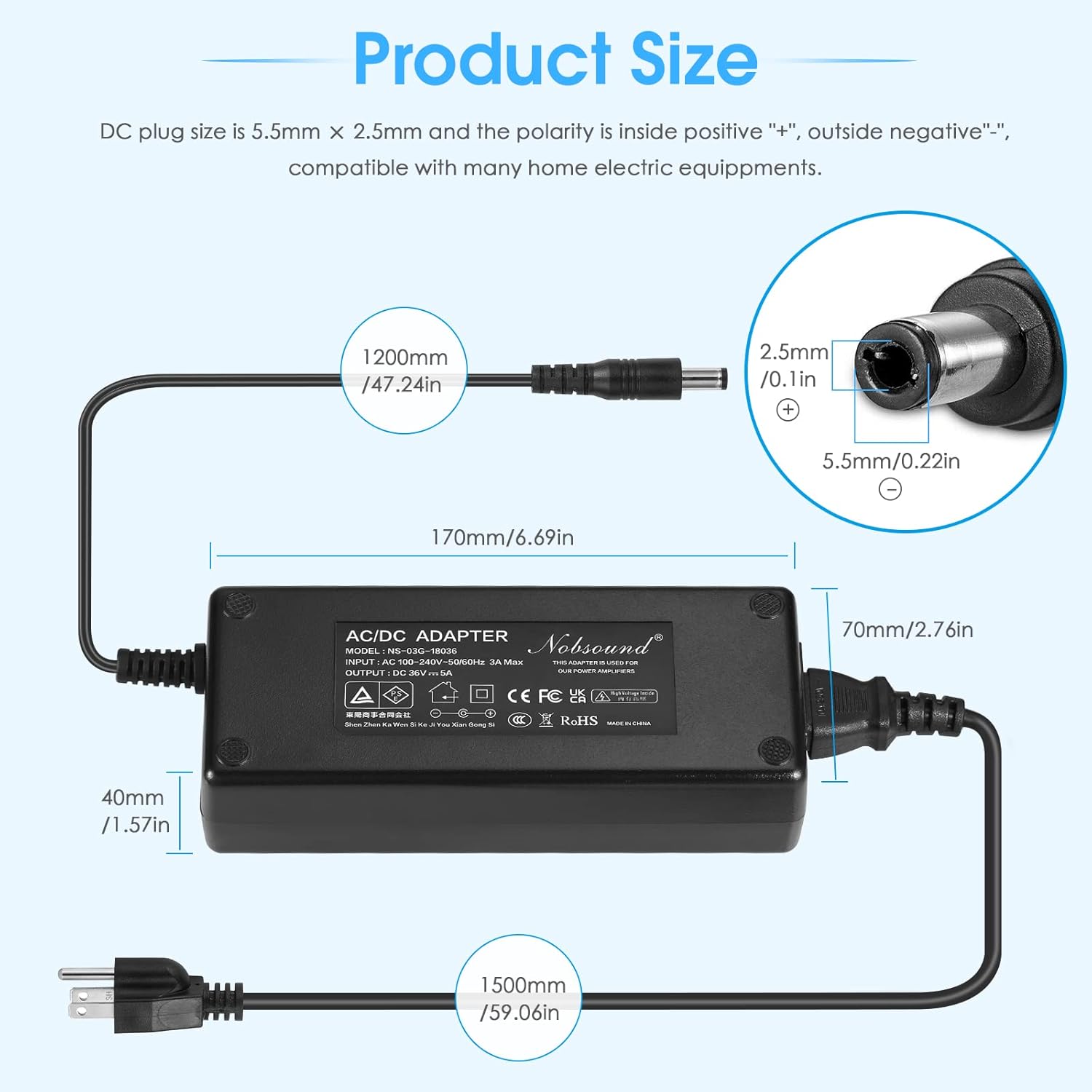 Nobsound 180W 36V/5A DC Power Supply Adapter Charger AC 100-240V Transformer