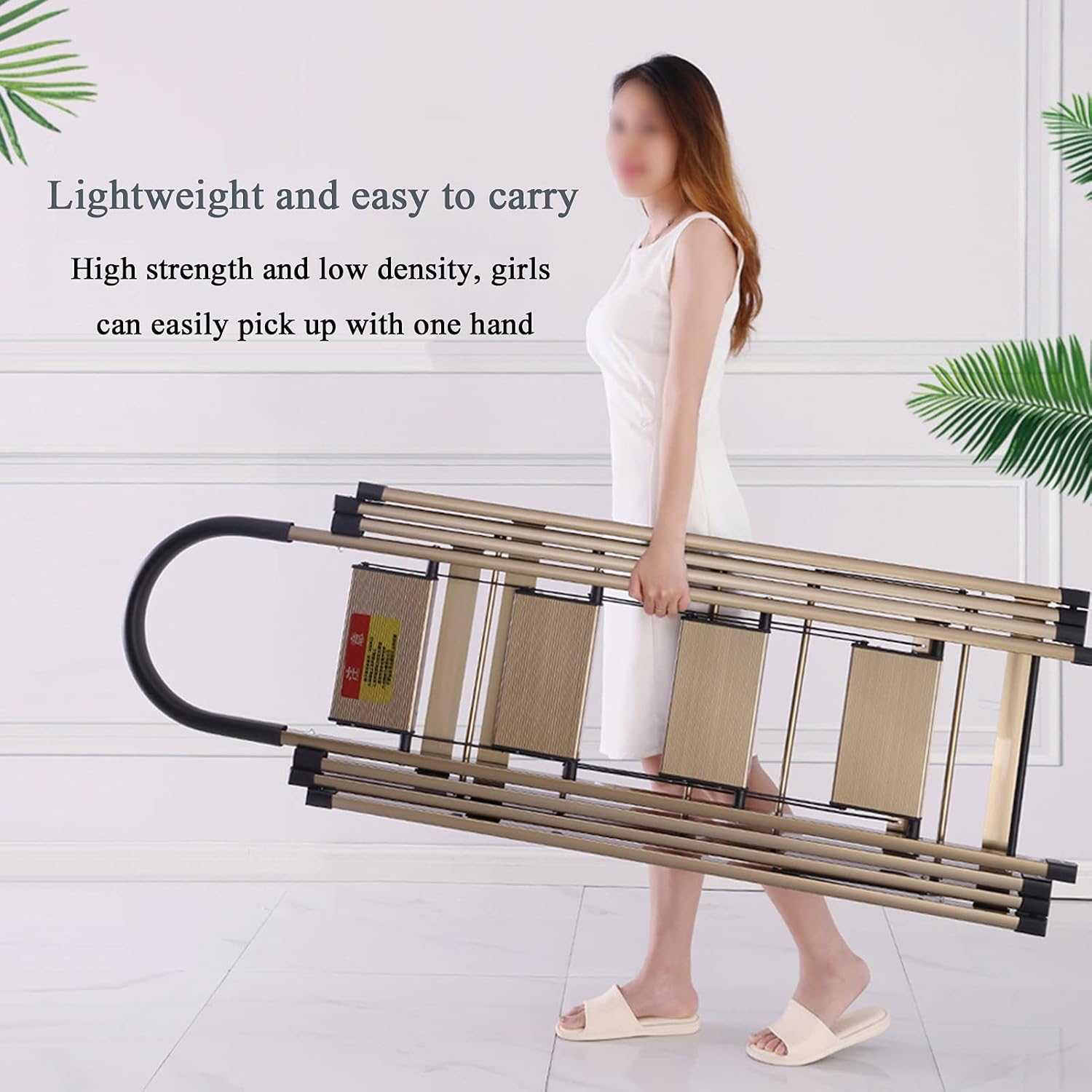 Multifunction Foldable 4-Step Ladder Clothes Drying Laundry Rack 2 in 1 Design Lightweight Aluminum with Sponge Handrails for Home Gold