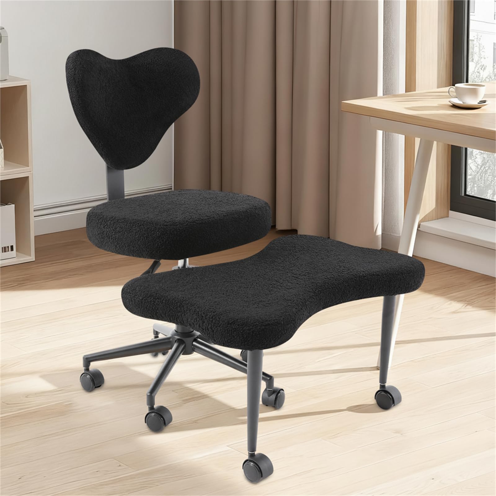 Silla de meditación multifuncional con ruedas y 7 ruedas, ergonómica de lana de cordero, con patas cruzadas para diferentes posiciones de asiento y yoga, soporta 150 kg, altura ajustable (negro)