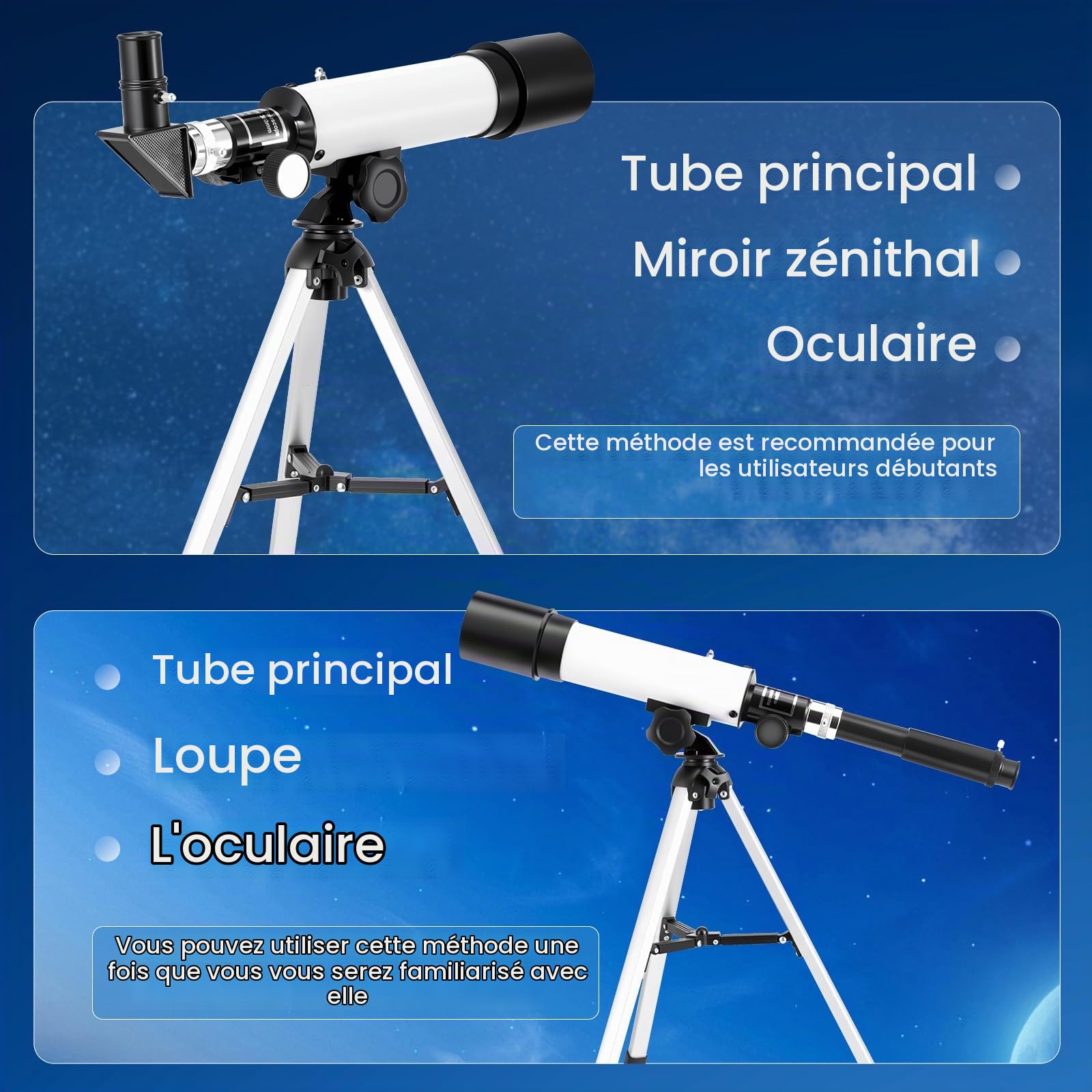 Télescope Enfant Astronomique avec Adaptateur Smartphone pour Astrophotographie Diamètre 50 mm Focale 360 mm Télescope Portable avec Trépied Réglable pour Enfants et Débutants 8-12 Ans