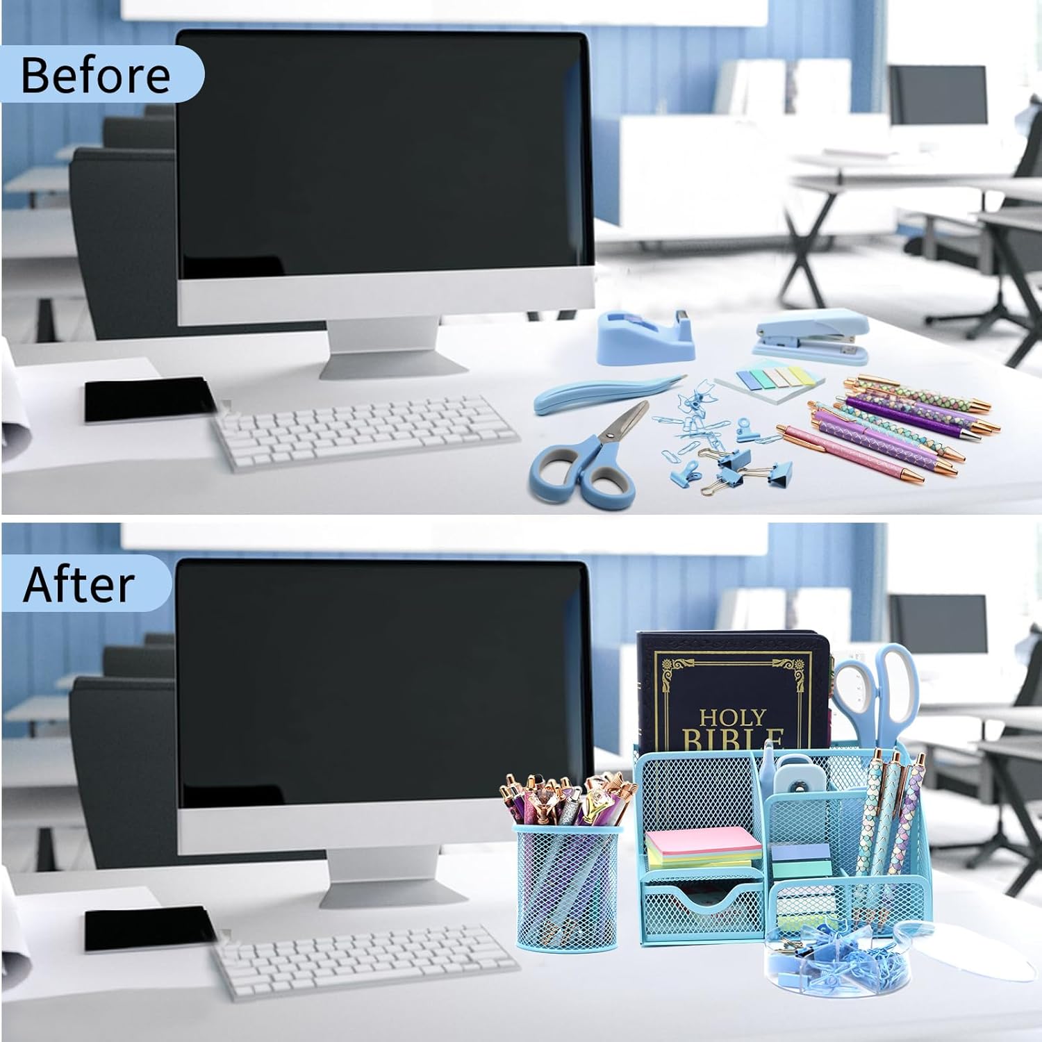 12 in 1 Desk Organizers and Accessories Set, Blue Gifts for Coworkers, Office Supplies Include Stapler Pen Holder Tape Holder Scissors Ruler Staple Remover for Home School