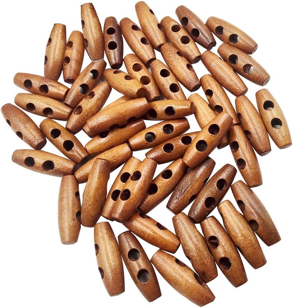 TOOGOO 50 Pieces Olive Shape Wooden Toggles Buttons 2 Holes Sewing Buttons for Clothes Decor