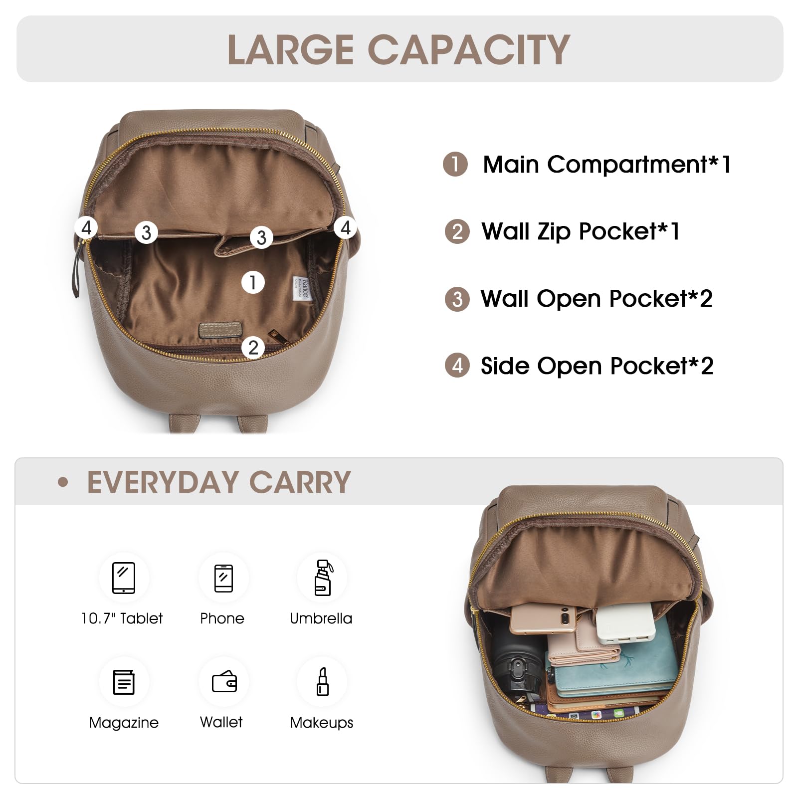 Kattee Mochila de Cuero Genuino para Mujer Elegante Multifuncional Bolso de Hombro