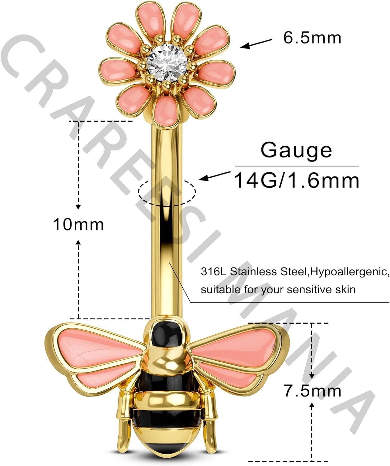 CM Crareesi Mania Bee Belly Button Rings 316L Stainless Steel Gold Belly Rings for Women 14G Flower Belly Button Piercing Jewelry 10mm Cute Navel Piercing Jewelry - Image 3