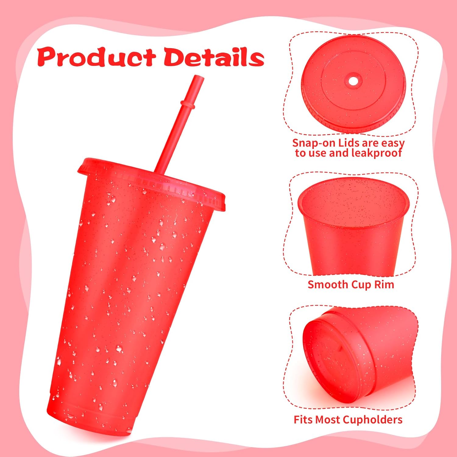 Hxezoc 16 Pieces Reusable Cups with Lids and Straws, 24 oz Glitter Plastic Tumbler Iced Coffee Cups Travel Mug Cup for Birthday Party, Smoothie Juices Beach Party, Bachelor Party (Red) - Image 7